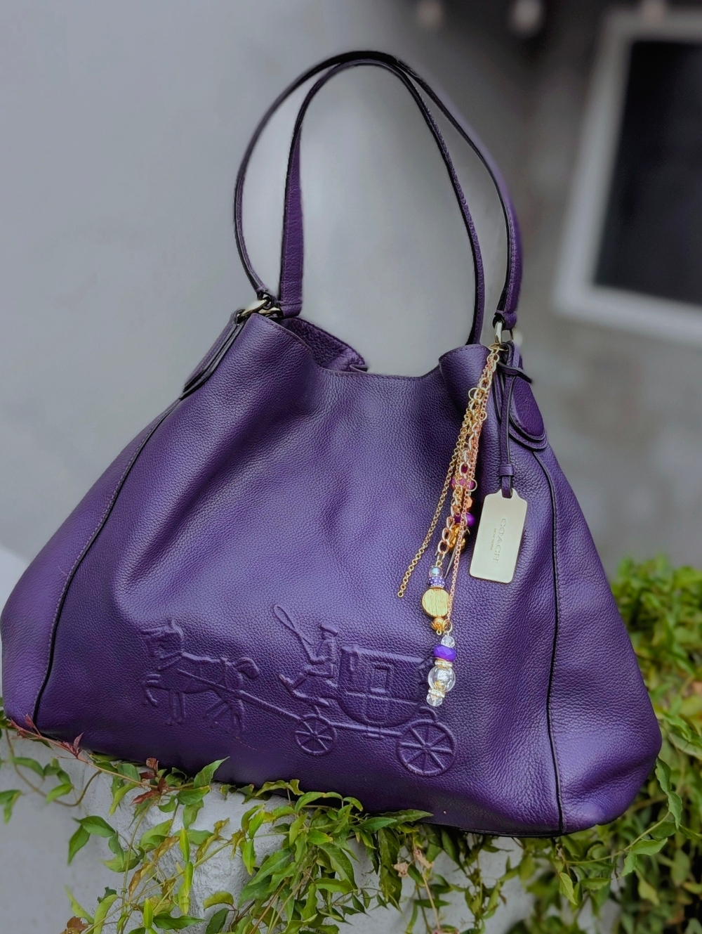 Edie 33727 Horse Carriage Logo Embossed Shoulder Tote Bag Purse Purple Violet